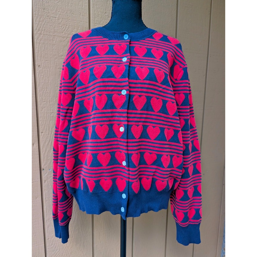 Free Assembly Striped Heart Button Cardigan Sweater Blue Red 2XL